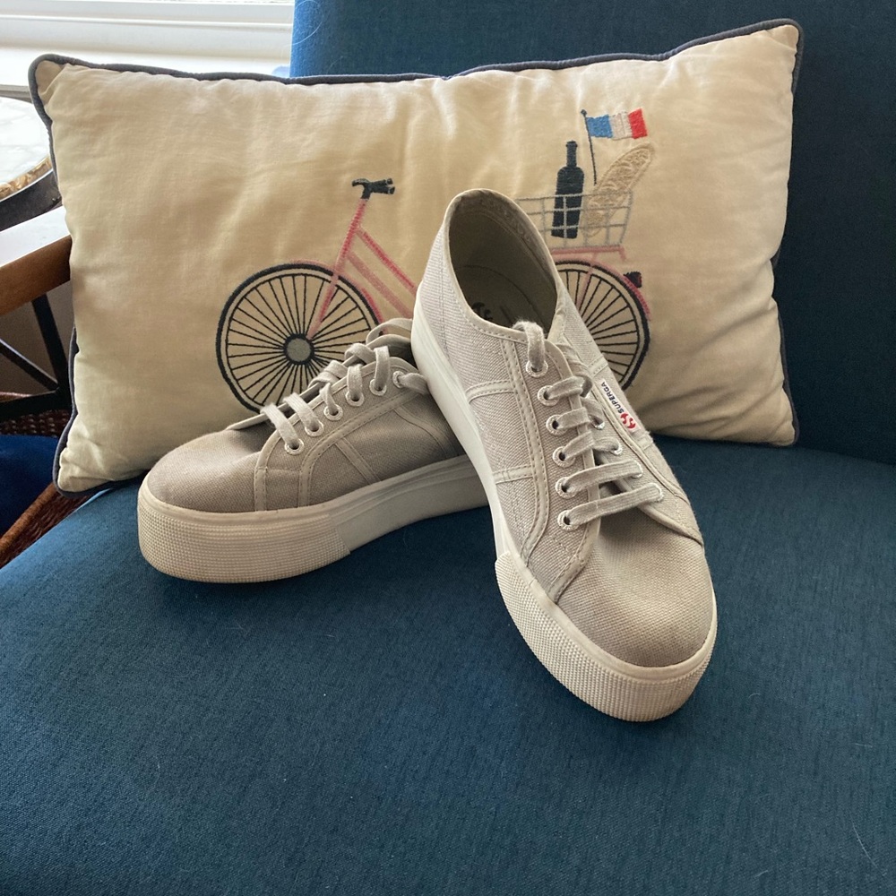 Superga Gray Chunky Rubber White Platform Lace Up Cotton Sneakers Size 39